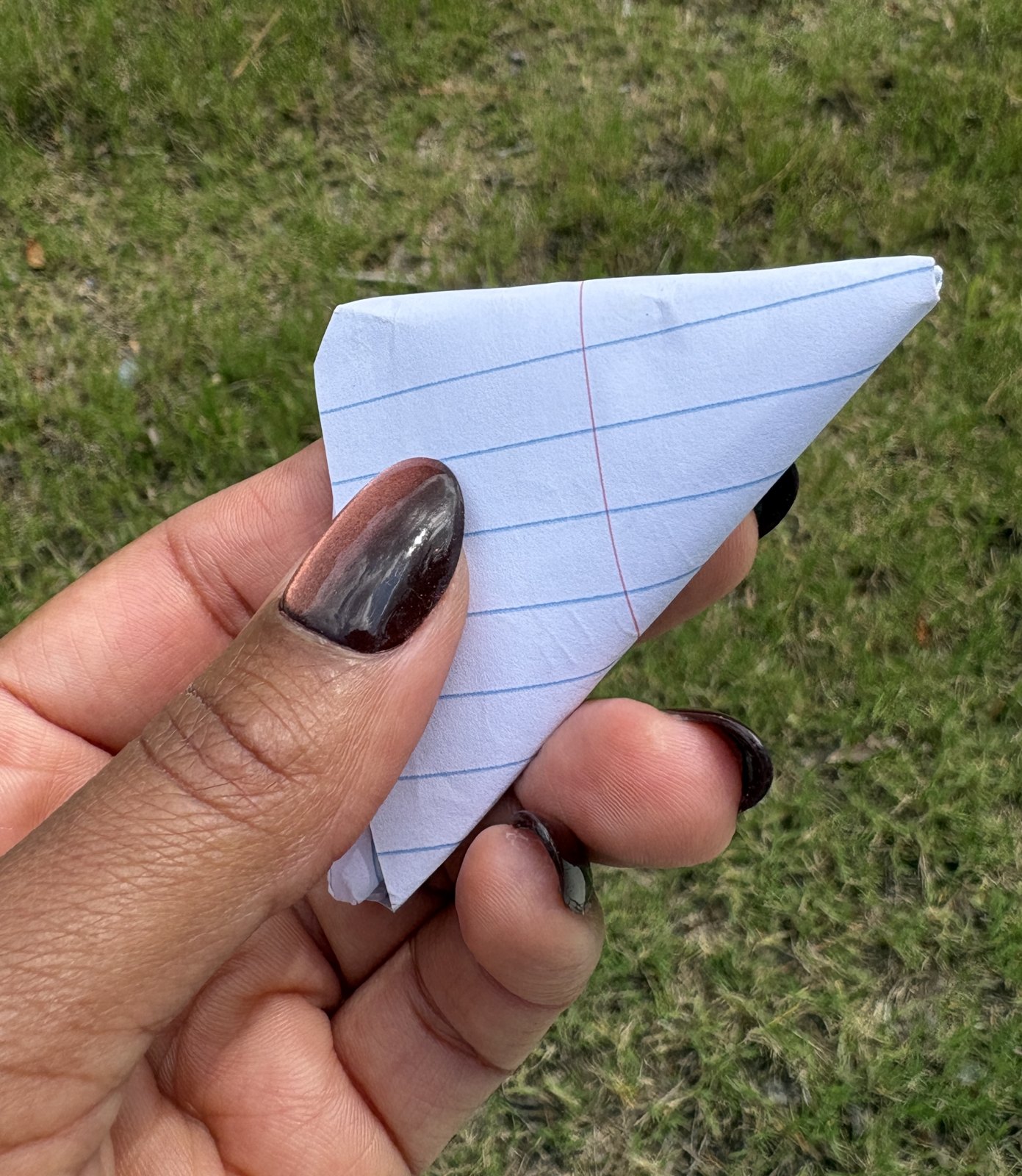 A folded paper note held between fingers over summer grass.